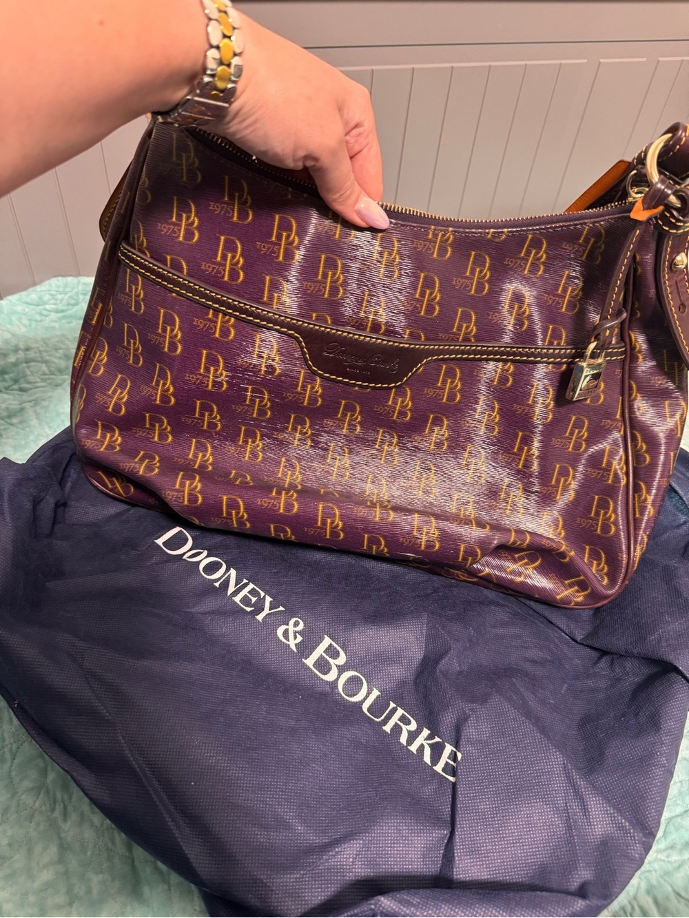 Dooney & Bourke Plum Logo Shoulder Bag with Gold Monogram